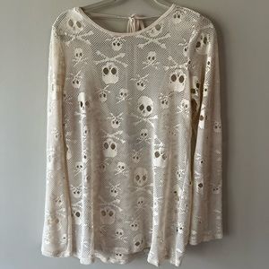 Royal Bones Ivory Skull Fishnet Mesh Long Sleeve Top Size L
